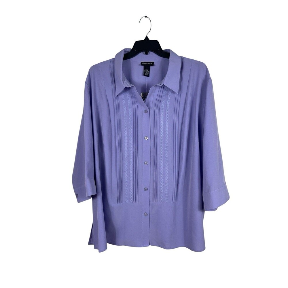 Maggie Barnes 4X Lavender Button Down Blouse Pintuck Lace 3/4 Sleeve Plus NWT